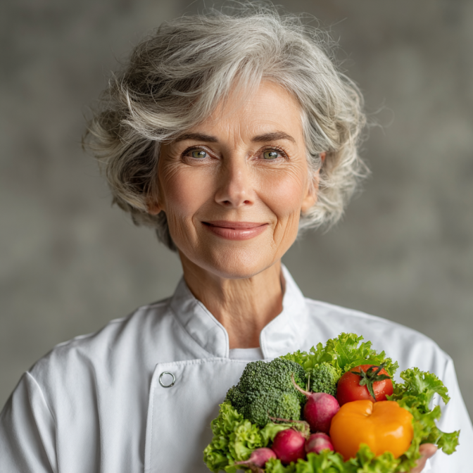 Persoană în vârstă preparând o masă sănătoasă